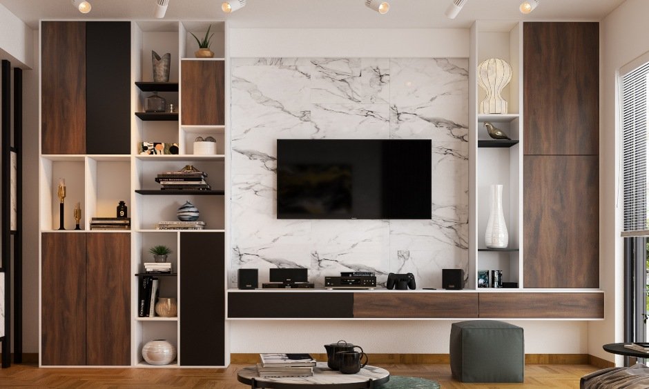 Industrial style living room interior design with tv unit and bookshelf with open and closed storage options